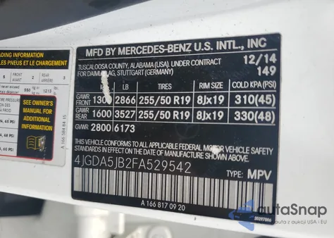 2015 Mercedes-Benz Ml 350 из США, поврежденный, VIN 4JGDA5JB2FA529542